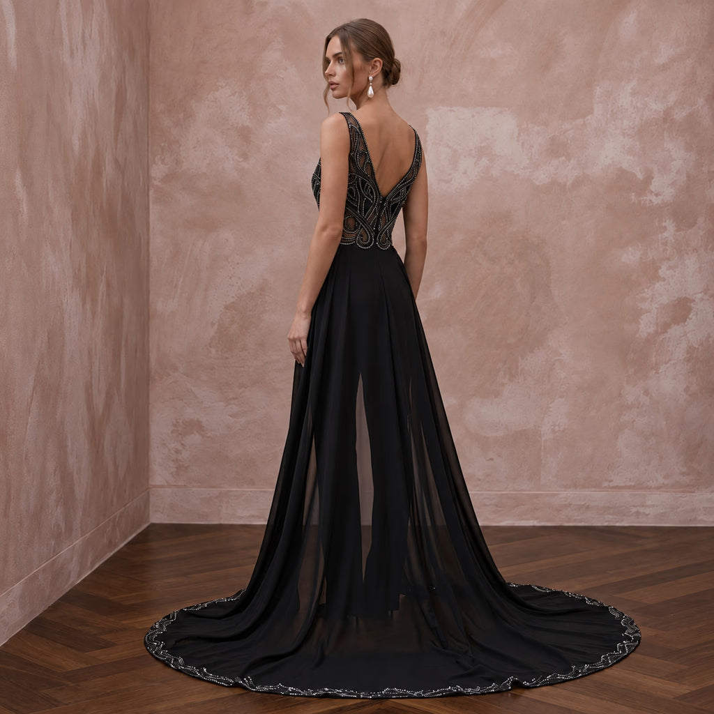 Black Crepe Jumpsuit with Sequin Bodice for Alternative Evening Wear