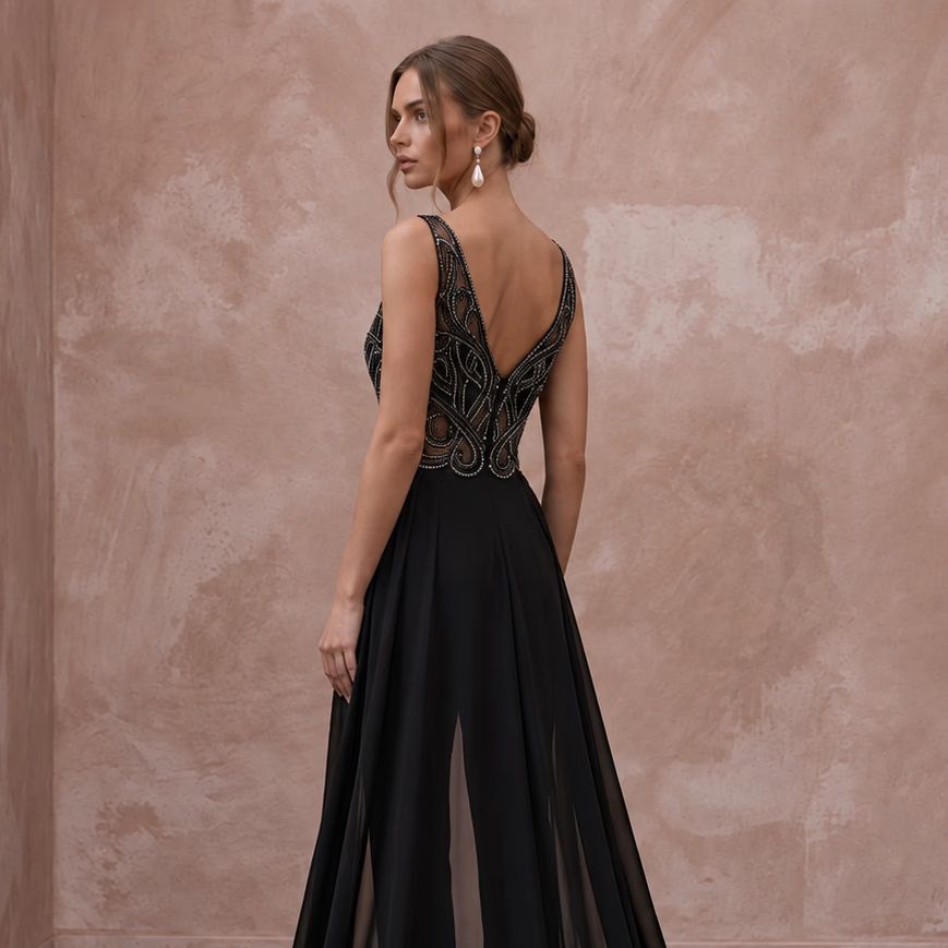 Black Crepe Jumpsuit with Sequin Bodice for Alternative Evening Wear