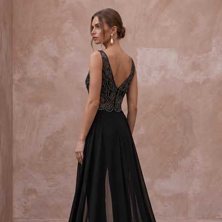 Black Crepe Jumpsuit with Sequin Bodice for Alternative Evening Wear