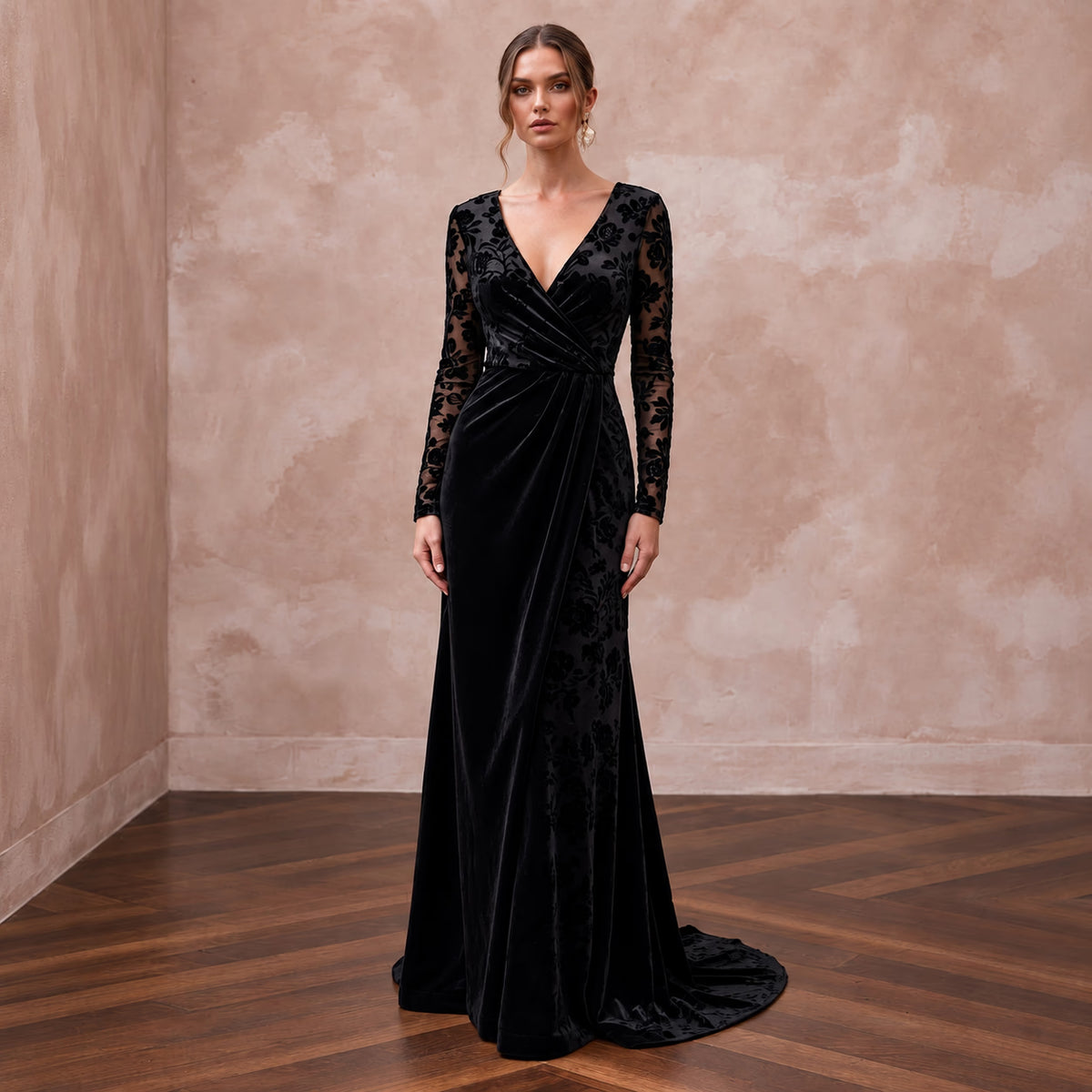 Black Floral Burnout Velvet Long Sleeve Wrap Formal Gown - Apparel & Accessories > Clothing > Wedding & Bridal Party Dresses > Wedding Dresses - Mignonette Bridal
