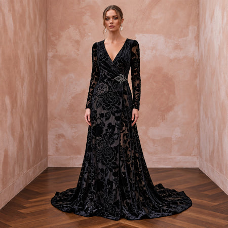 Black Floral Burnout Velvet Long Sleeve Wrap Formal Gown
