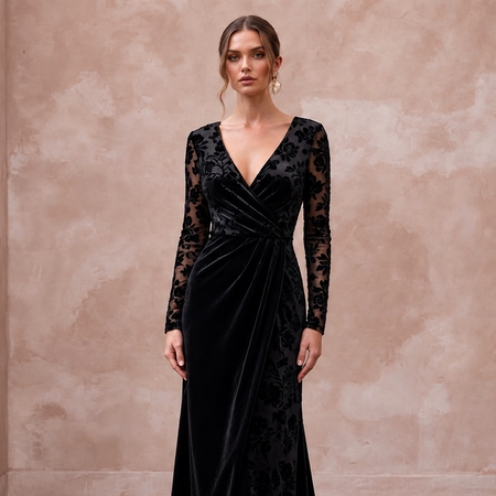Black Floral Burnout Velvet Long Sleeve Wrap Formal Gown - Apparel & Accessories > Clothing > Wedding & Bridal Party Dresses > Wedding Dresses - Mignonette Bridal