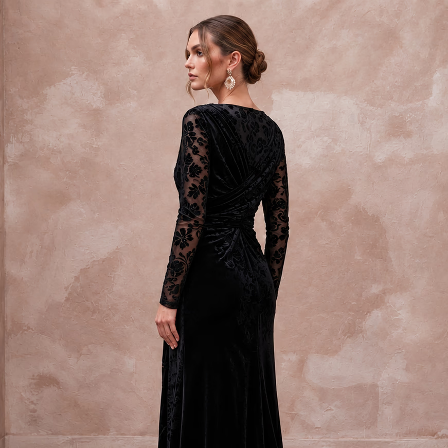 Black Floral Burnout Velvet Long Sleeve Wrap Formal Gown - Apparel & Accessories > Clothing > Wedding & Bridal Party Dresses > Wedding Dresses - Mignonette Bridal