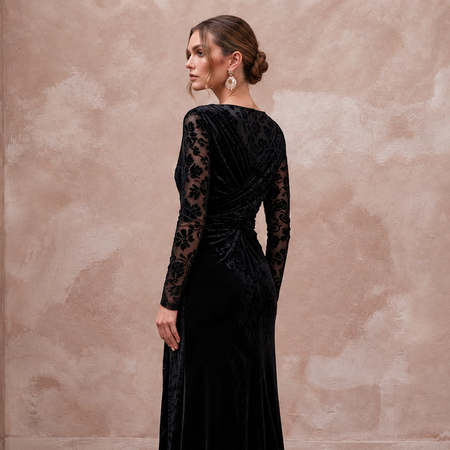 Black Floral Burnout Velvet Long Sleeve Wrap Formal Gown - Apparel & Accessories > Clothing > Wedding & Bridal Party Dresses > Wedding Dresses - Mignonette Bridal