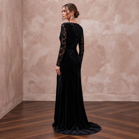 Black Floral Burnout Velvet Long Sleeve Wrap Formal Gown - Apparel & Accessories > Clothing > Wedding & Bridal Party Dresses > Wedding Dresses - Mignonette Bridal