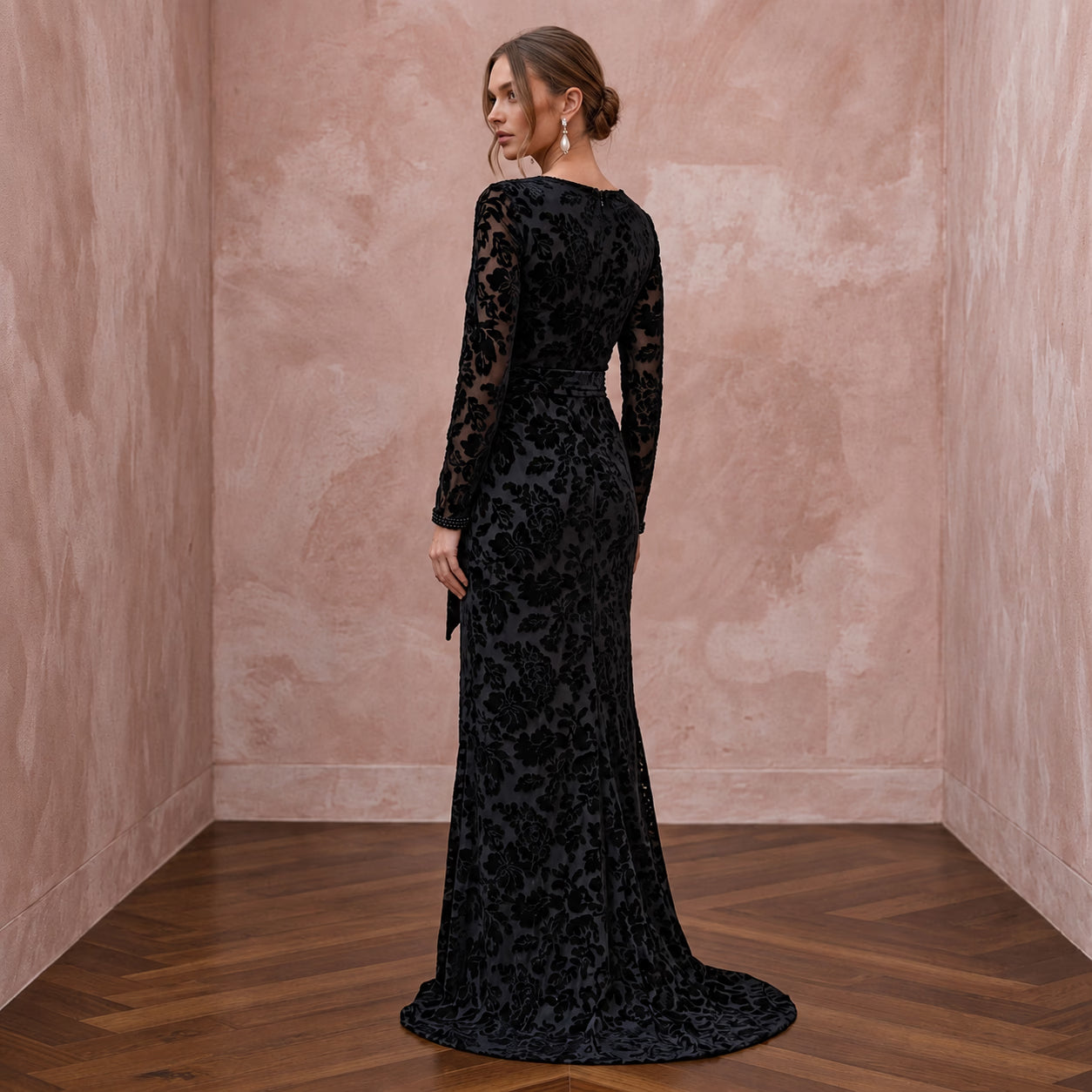 Black Floral Burnout Velvet Long Sleeve Wrap Formal Gown Secondary image