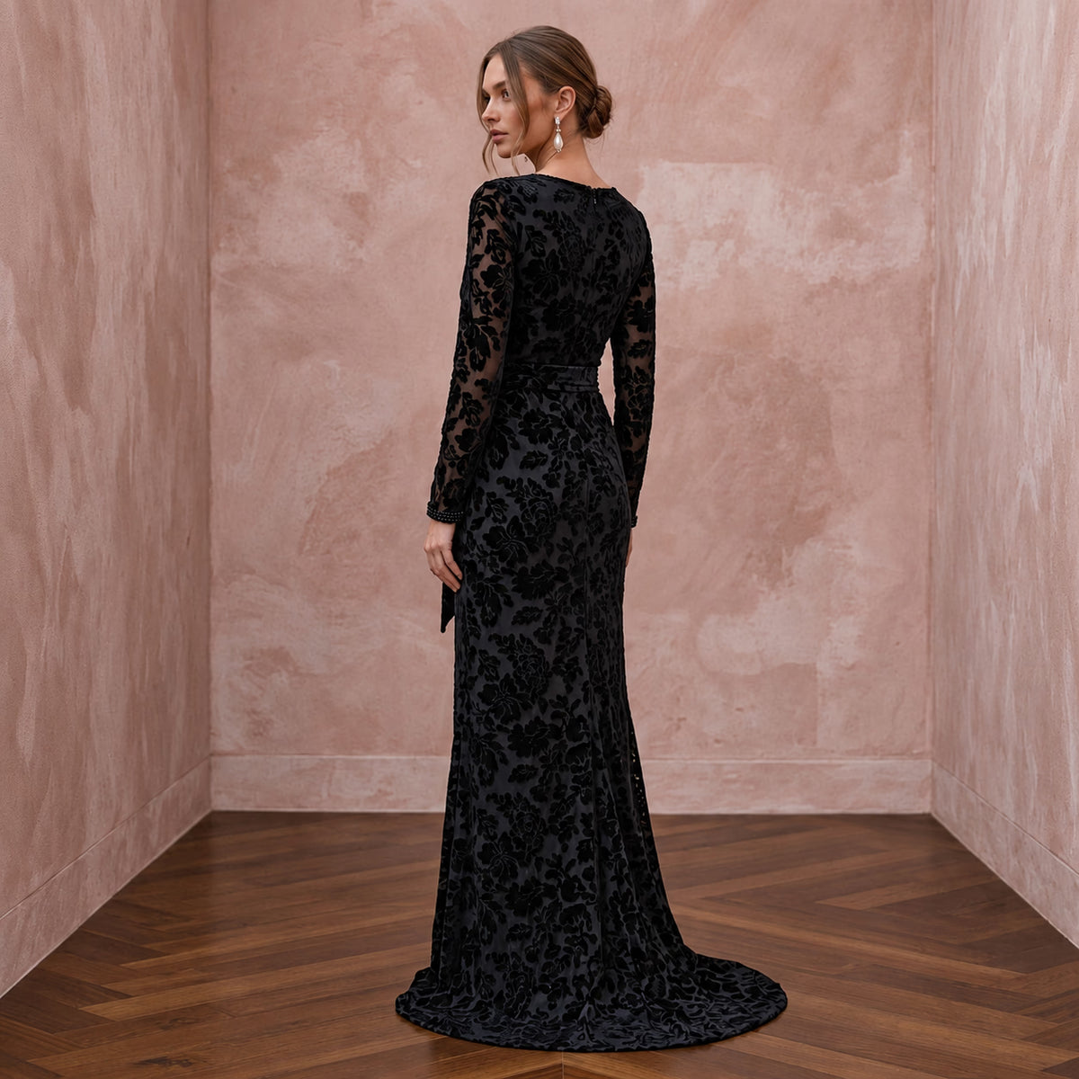 Black Floral Burnout Velvet Long Sleeve Wrap Formal Gown