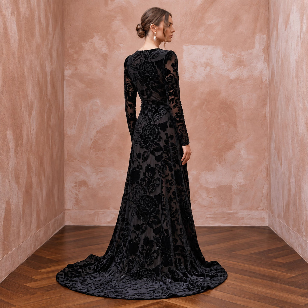 Black Floral Burnout Velvet Long Sleeve Wrap Formal Gown