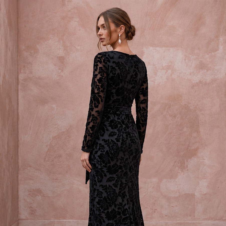 Black Floral Burnout Velvet Long Sleeve Wrap Formal Gown