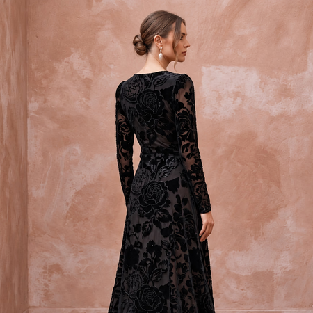 Black Floral Burnout Velvet Long Sleeve Wrap Formal Gown