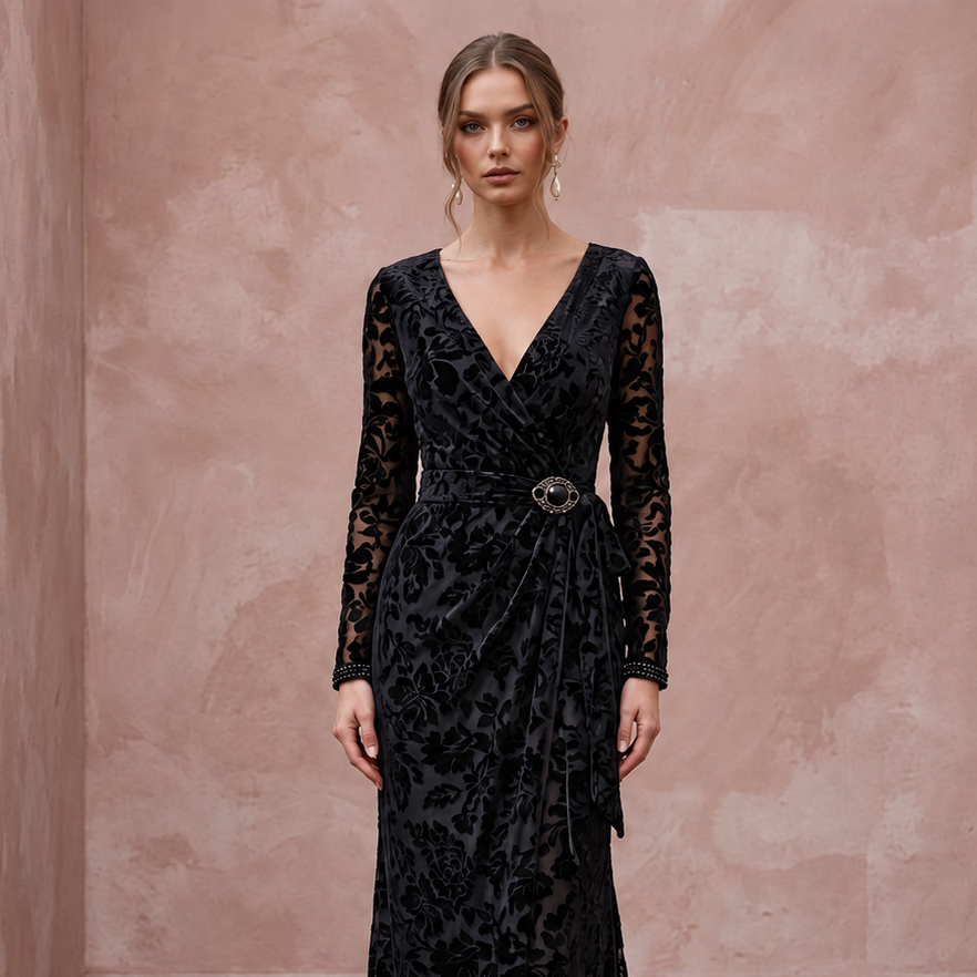 Black Floral Burnout Velvet Long Sleeve Wrap Formal Gown