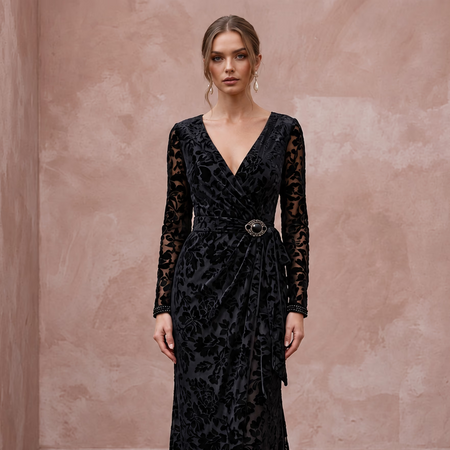 Black Floral Burnout Velvet Long Sleeve Wrap Formal Gown