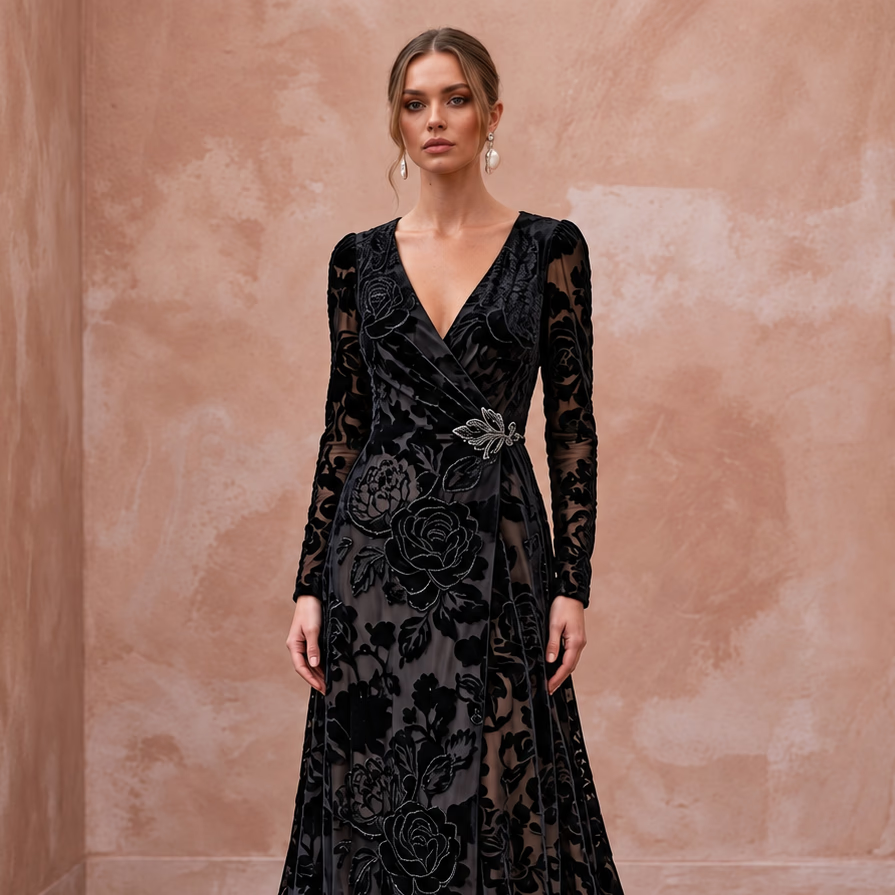 Black Floral Burnout Velvet Long Sleeve Wrap Formal Gown