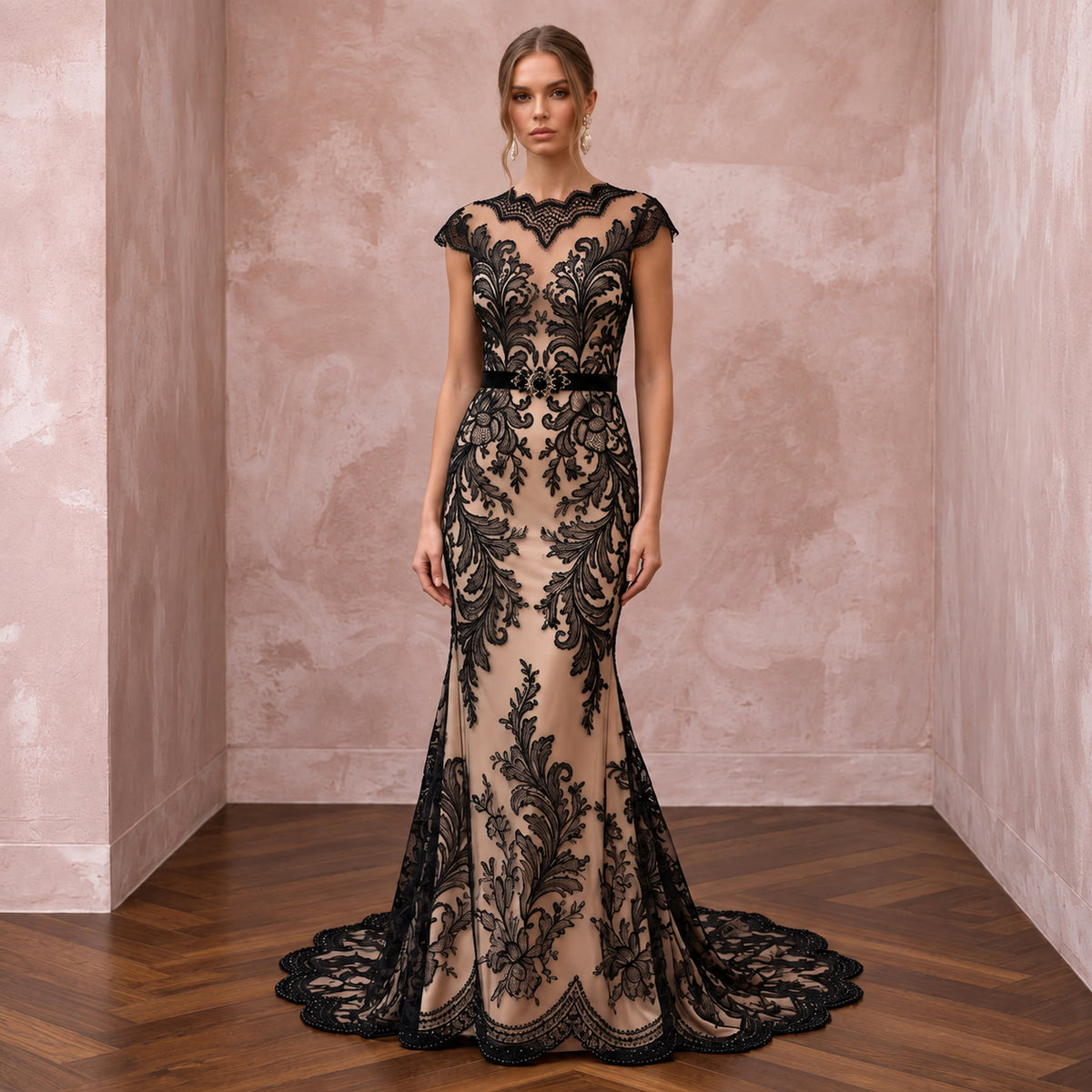 Black Lace Overlay Nude Matte Satin Fit-and-Flare Anniversary Dress