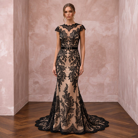 Black Lace Overlay Nude Matte Satin Fit-and-Flare Anniversary Dress