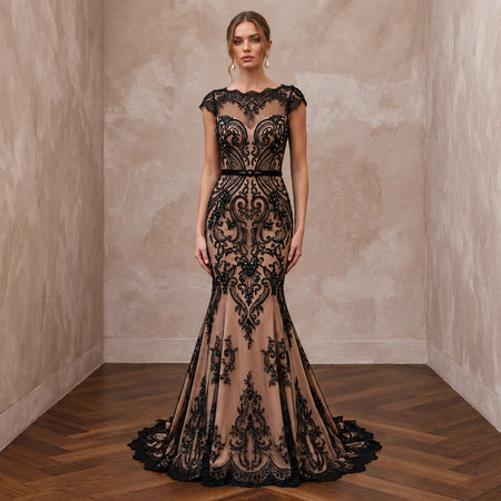 Black Lace Overlay Nude Matte Satin Fit-and-Flare Anniversary Dress