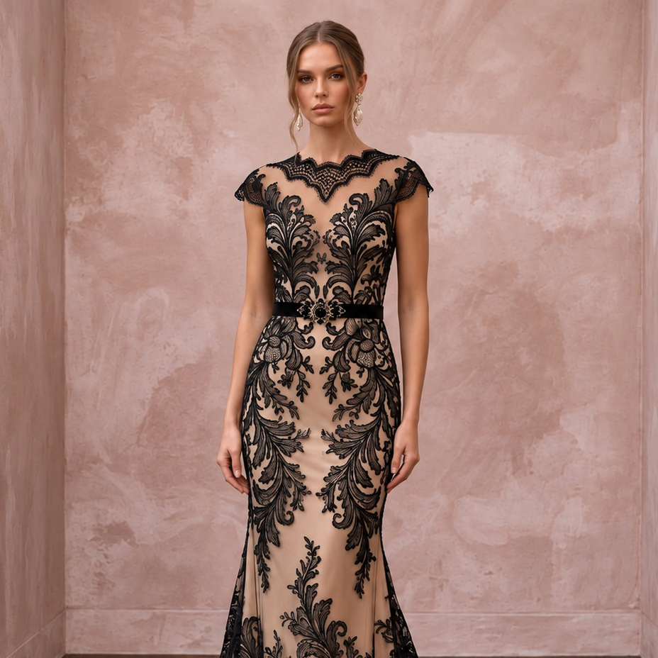 Black Lace Overlay Nude Matte Satin Fit-and-Flare Anniversary Dress