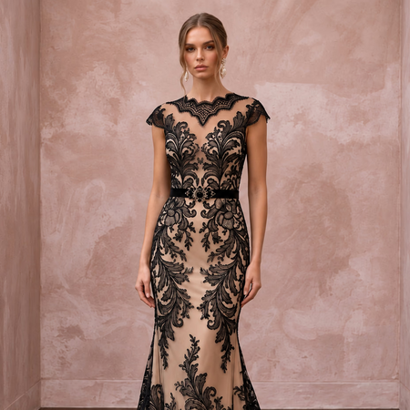 Black Lace Overlay Nude Matte Satin Fit-and-Flare Anniversary Dress