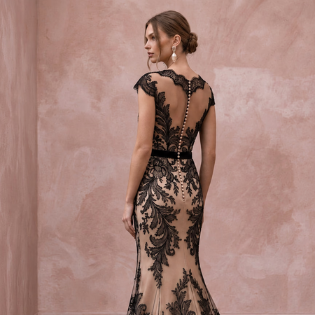 Black Lace Overlay Nude Matte Satin Fit-and-Flare Anniversary Dress