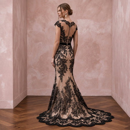 Black Lace Overlay Nude Matte Satin Fit-and-Flare Anniversary Dress