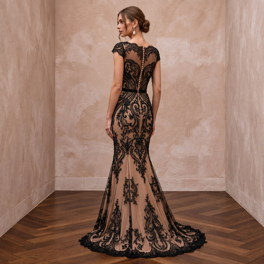 Black Lace Overlay Nude Matte Satin Fit-and-Flare Anniversary Dress