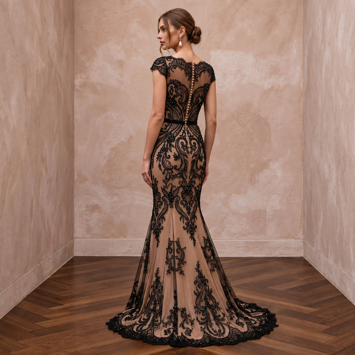 Black Lace Overlay Nude Matte Satin Fit-and-Flare Anniversary Dress