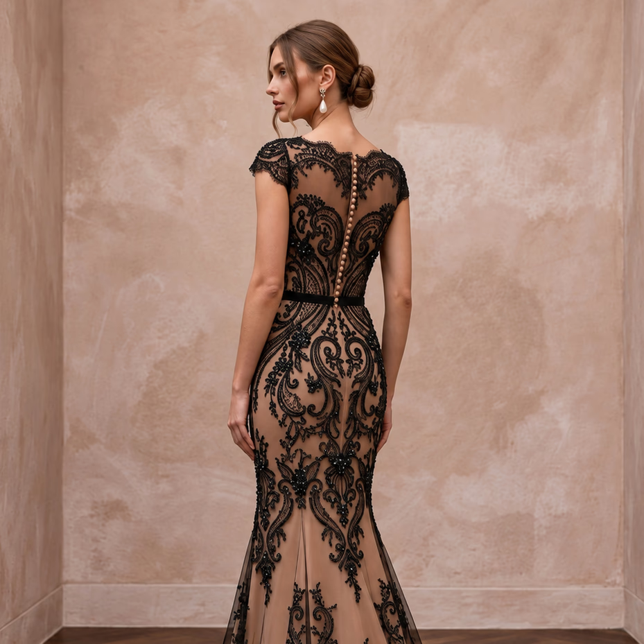 Black Lace Overlay Nude Matte Satin Fit-and-Flare Anniversary Dress