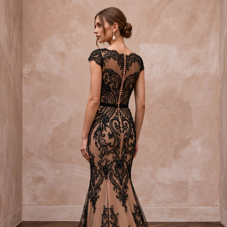 Black Lace Overlay Nude Matte Satin Fit-and-Flare Anniversary Dress