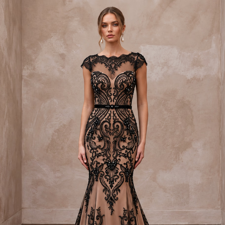 Black Lace Overlay Nude Matte Satin Fit-and-Flare Anniversary Dress