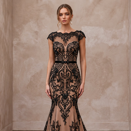 Black Lace Overlay Nude Matte Satin Fit-and-Flare Anniversary Dress