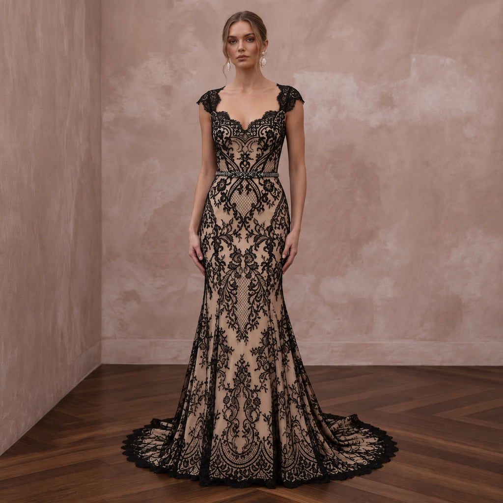 Black Lace Overlay Nude Matte Satin Fit-and-Flare Dress for Anniversary
