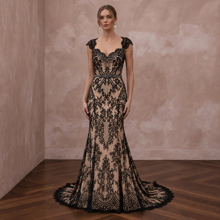Black Lace Overlay Nude Matte Satin Fit-and-Flare Dress for Anniversary