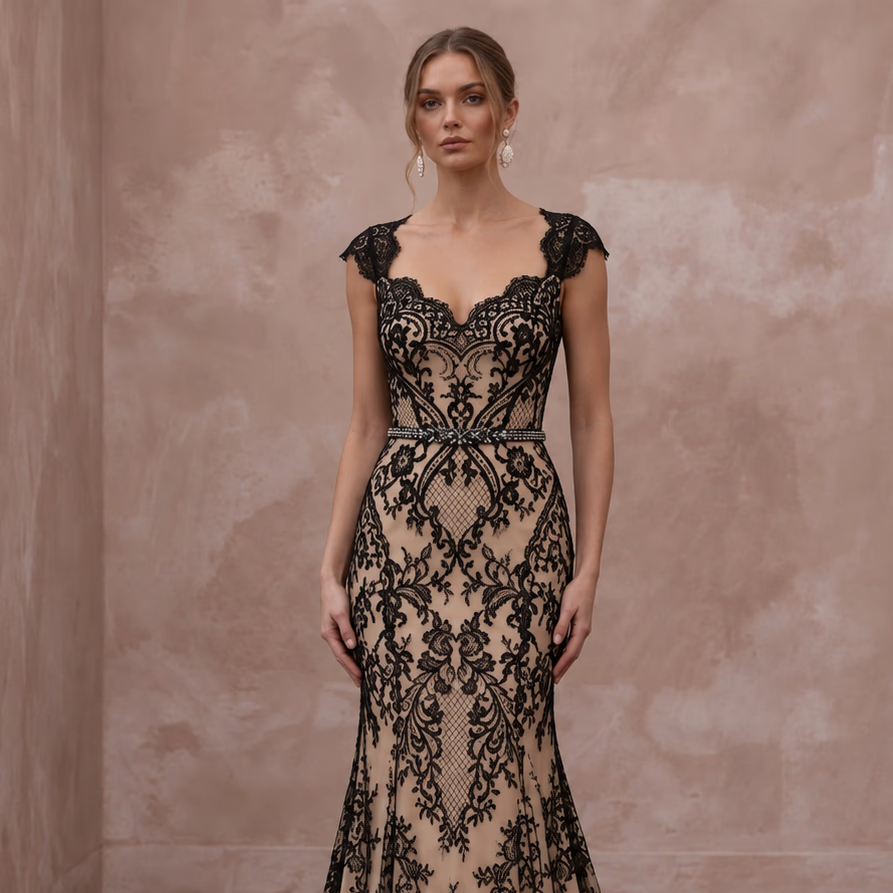 Black Lace Overlay Nude Matte Satin Fit-and-Flare Dress for Anniversary