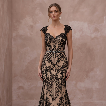 Black Lace Overlay Nude Matte Satin Fit-and-Flare Dress for Anniversary