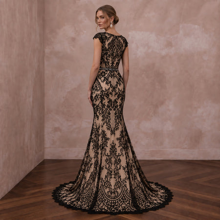 Black Lace Overlay Nude Matte Satin Fit-and-Flare Dress for Anniversary