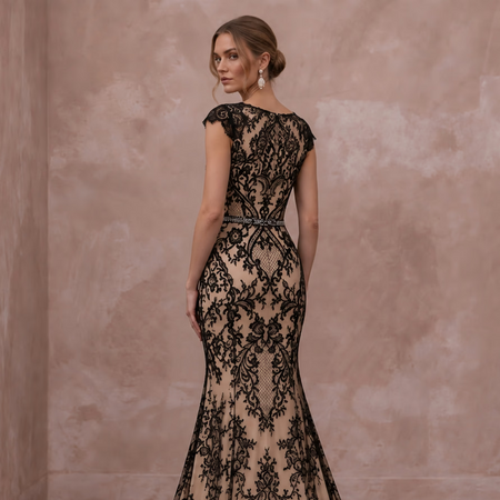 Black Lace Overlay Nude Matte Satin Fit-and-Flare Dress for Anniversary