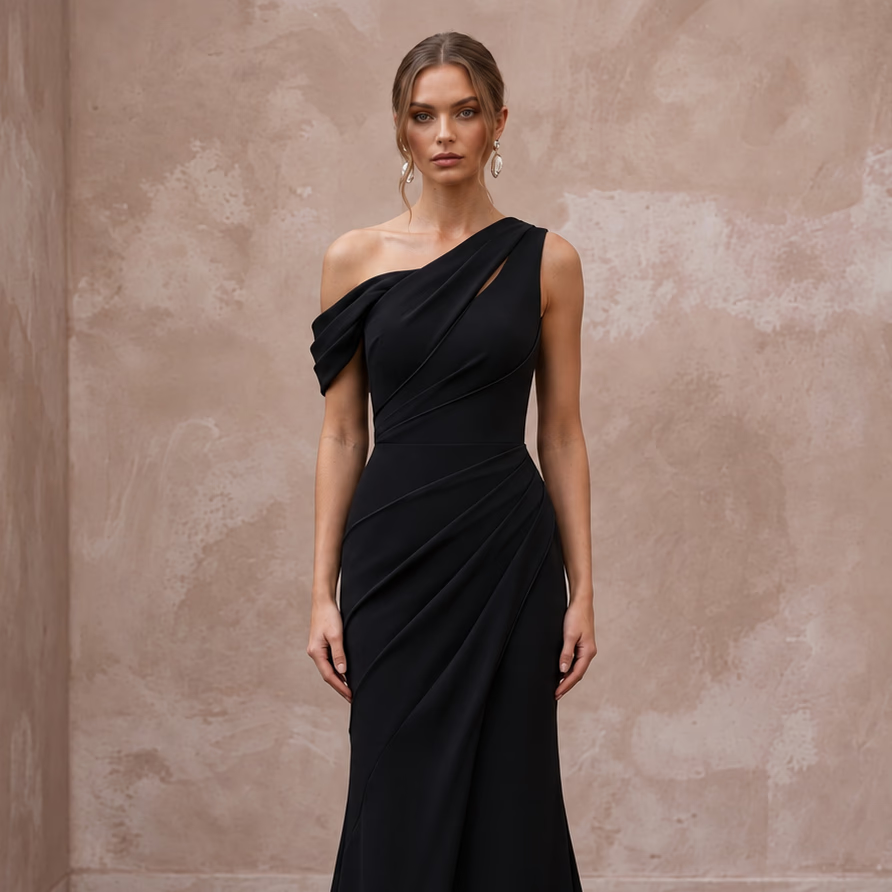 Black Minimalist Crepe Asymmetrical One-Shoulder Formal Gown