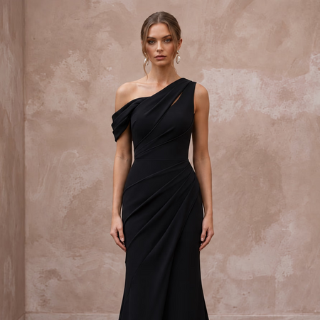 Black Minimalist Crepe Asymmetrical One-Shoulder Formal Gown