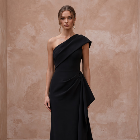 Black Minimalist Crepe Asymmetrical One-Shoulder Formal Gown