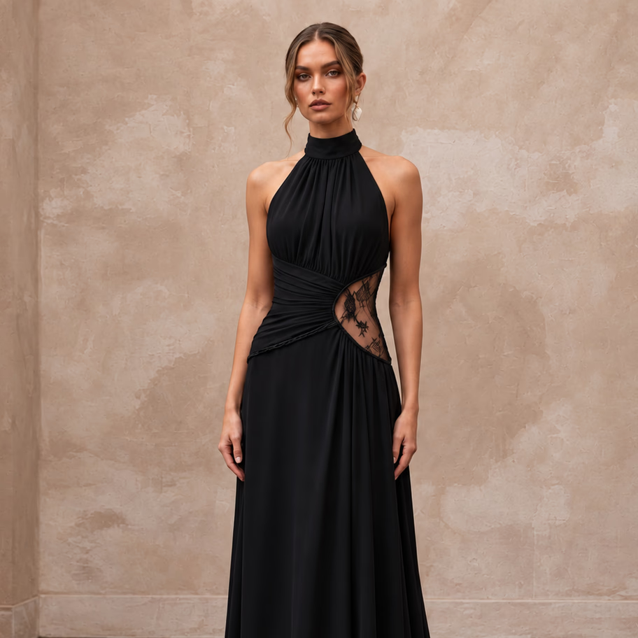 Black Minimalist Silk Georgette Halter Neck Flowing Maxi Dress