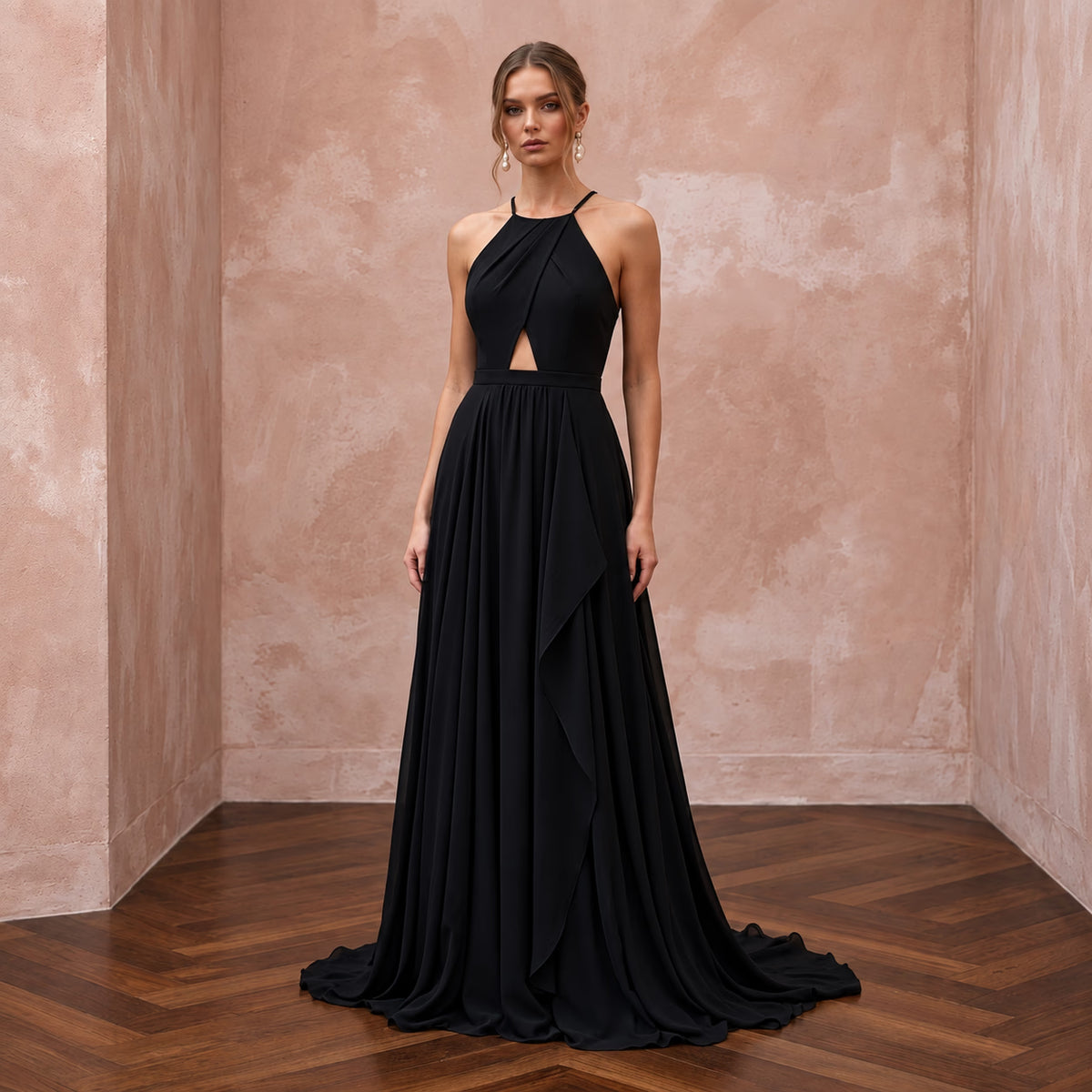 Black Minimalist Silk Georgette Halter Neck Flowing Maxi Dress - Apparel & Accessories > Clothing > Wedding & Bridal Party Dresses > Wedding Dresses - Mignonette Bridal