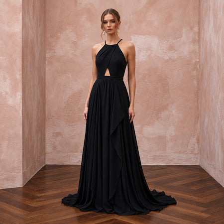 Black Minimalist Silk Georgette Halter Neck Flowing Maxi Dress - Apparel & Accessories > Clothing > Wedding & Bridal Party Dresses > Wedding Dresses - Mignonette Bridal