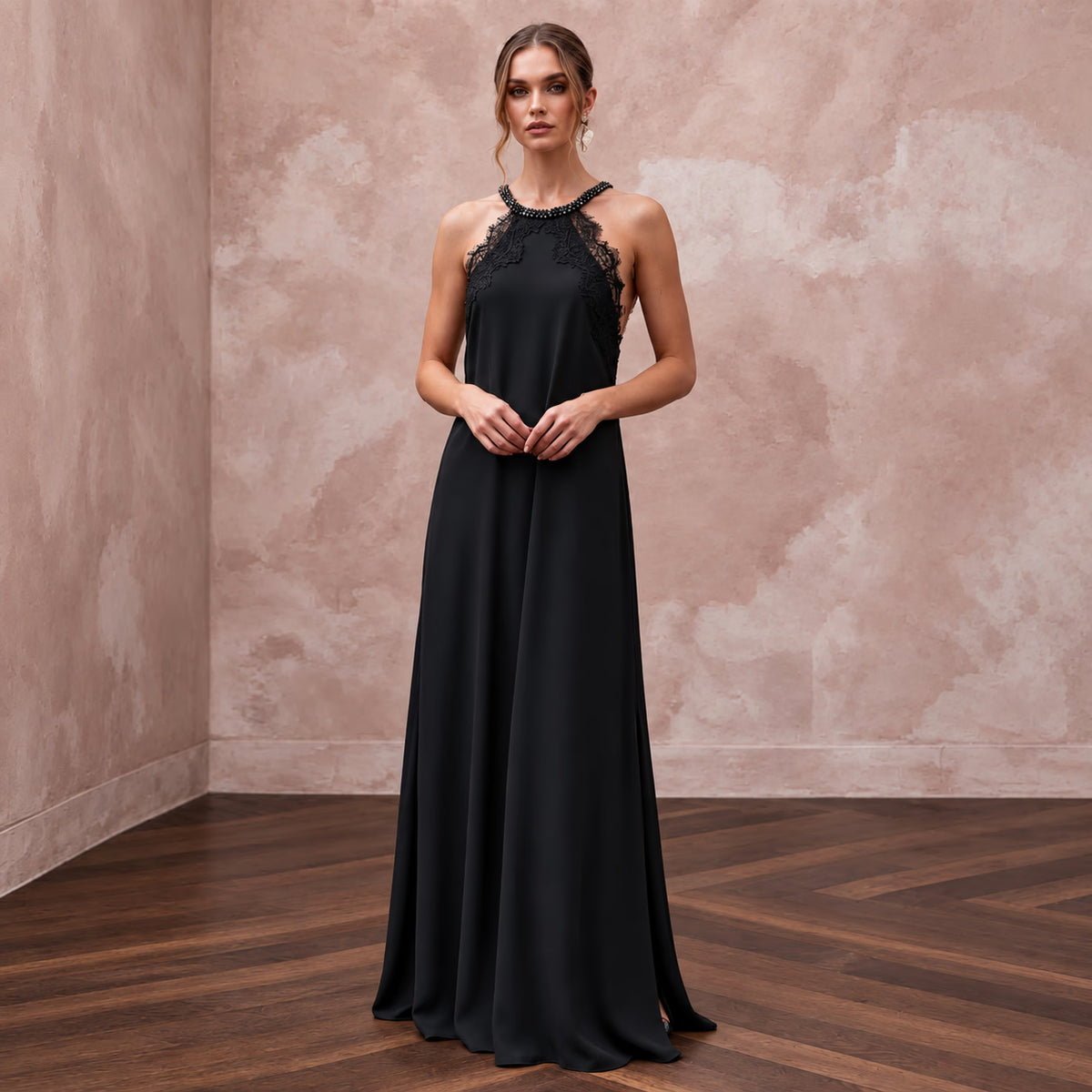 Black Minimalist Silk Georgette Halter Neck Flowing Maxi Dress Main image
