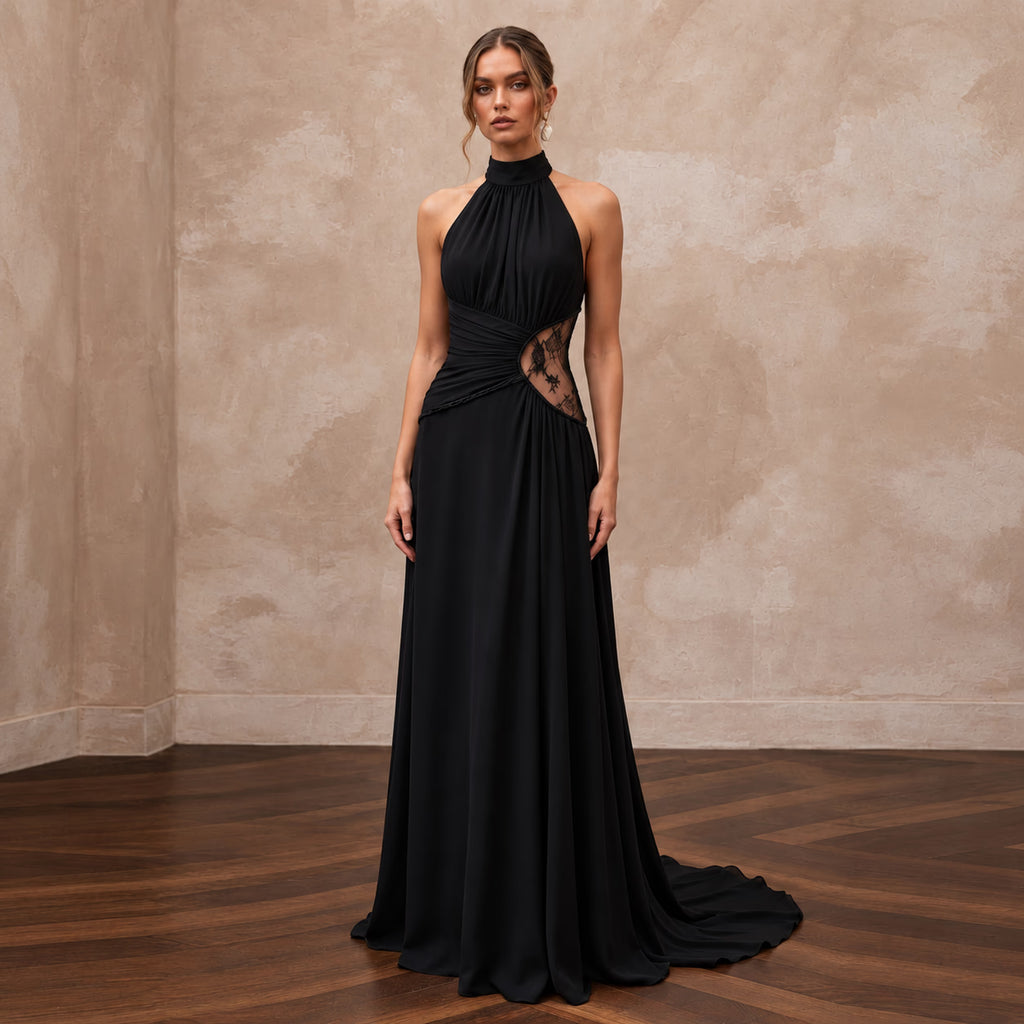 Black Minimalist Silk Georgette Halter Neck Flowing Maxi Dress