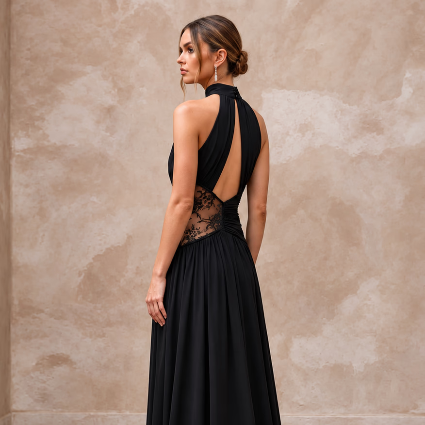 Black Minimalist Silk Georgette Halter Neck Flowing Maxi Dress