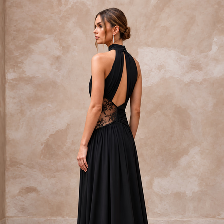 Black Minimalist Silk Georgette Halter Neck Flowing Maxi Dress