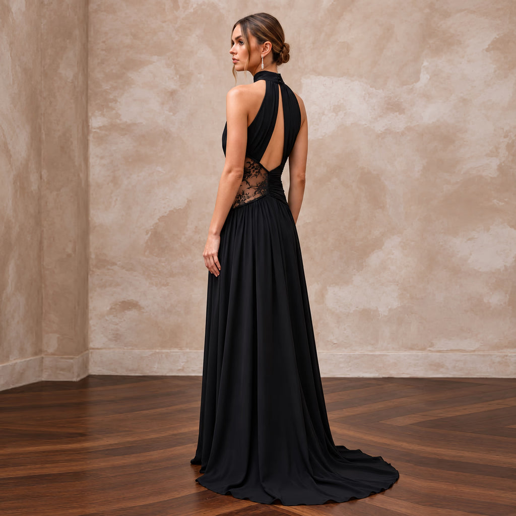 Black Minimalist Silk Georgette Halter Neck Flowing Maxi Dress