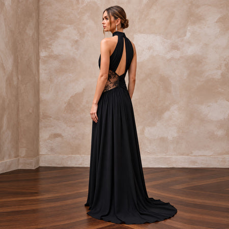 Black Minimalist Silk Georgette Halter Neck Flowing Maxi Dress