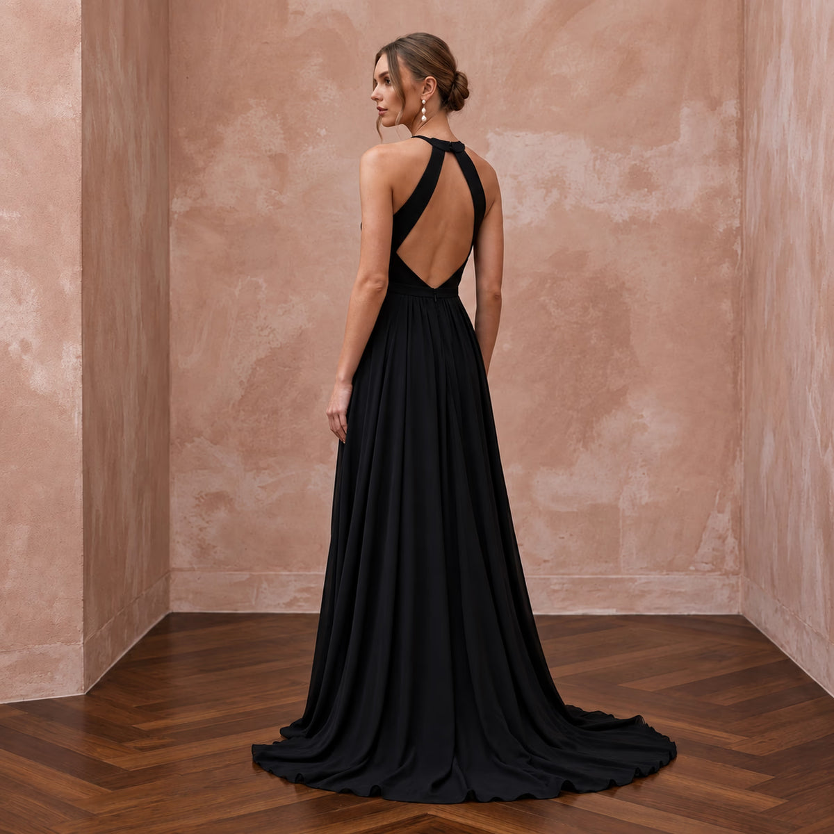 Black Minimalist Silk Georgette Halter Neck Flowing Maxi Dress - Apparel & Accessories > Clothing > Wedding & Bridal Party Dresses > Wedding Dresses - Mignonette Bridal