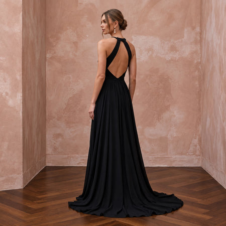Black Minimalist Silk Georgette Halter Neck Flowing Maxi Dress - Apparel & Accessories > Clothing > Wedding & Bridal Party Dresses > Wedding Dresses - Mignonette Bridal